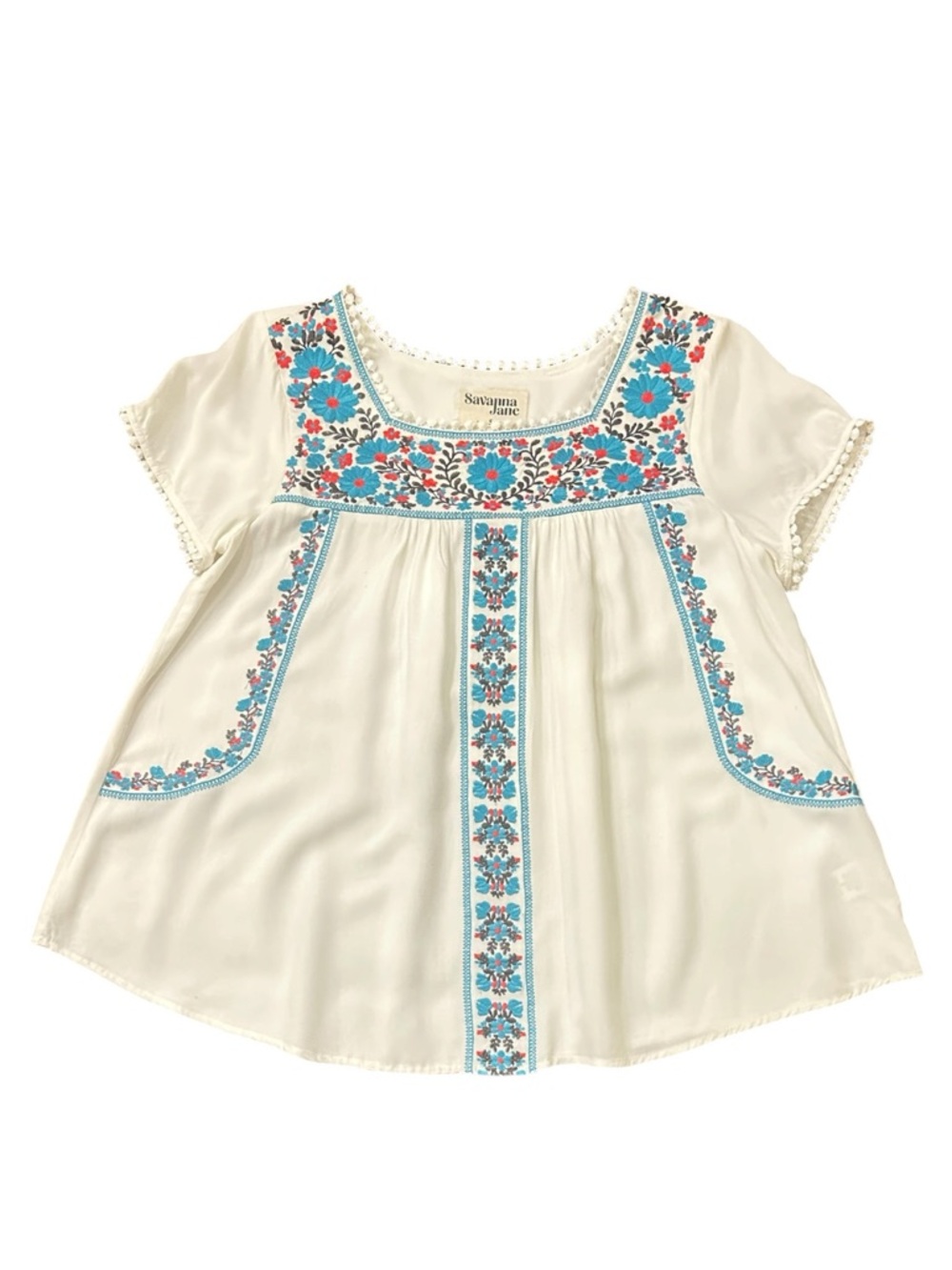Savanna Jane Floral Embroidered Short Sleeve Square Neck Top White Size Small - Picture 10 of 13
